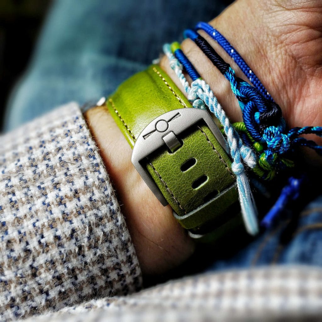 Green Apple with gold stitch watch strap