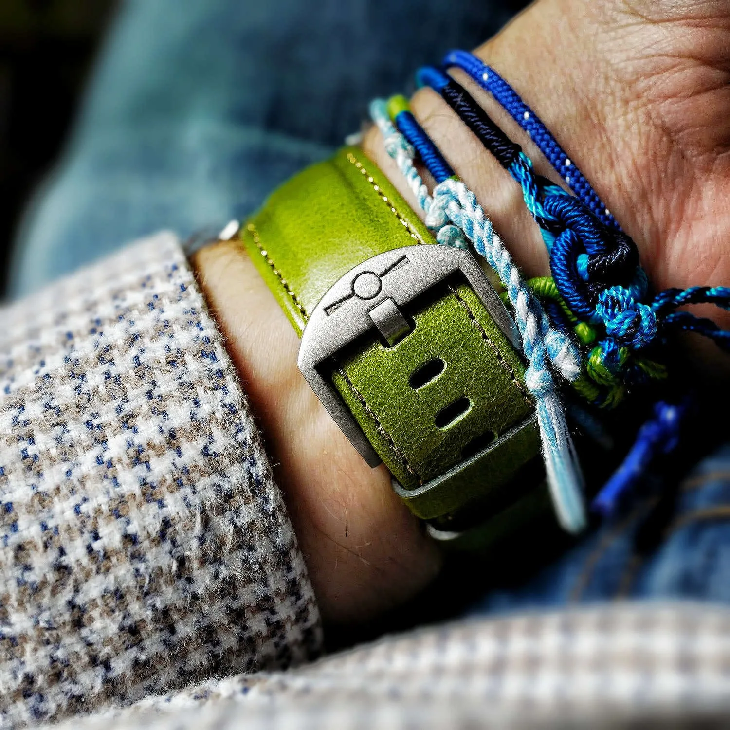 Green Apple with gold stitch watch strap