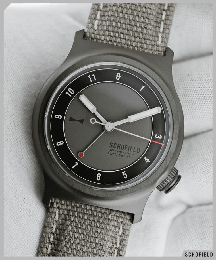 The Military Field watch by Schofield Watches shown here on a khaki strap