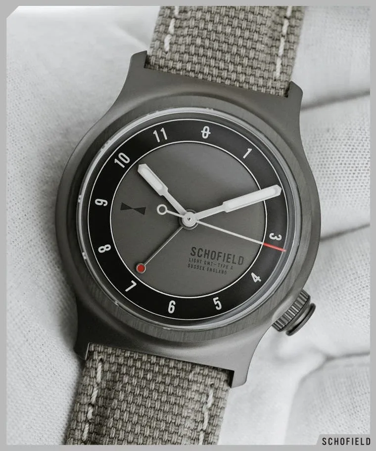 The Military Field watch by Schofield Watches shown here on a khaki strap