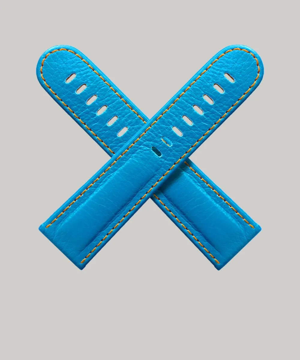 Two bright neon straps in a day-glow blue with orange stitching. High quality leather made by Schofield.