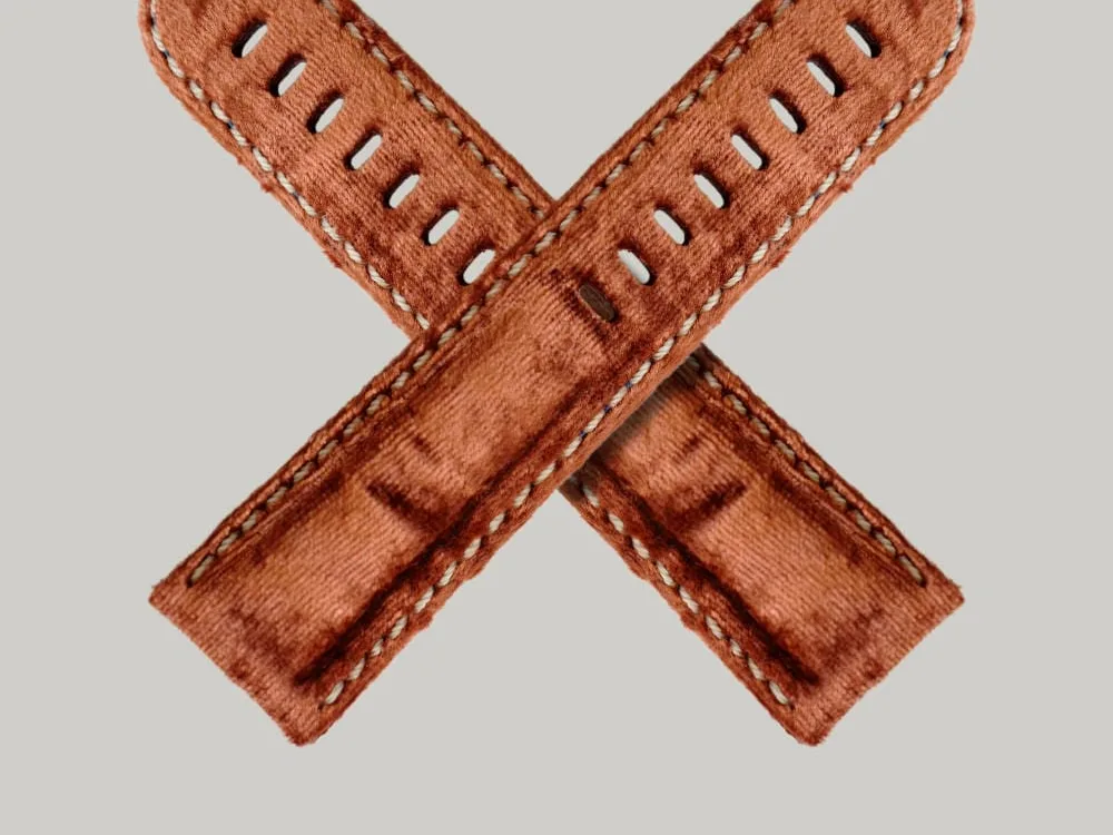 Schofield Brown Velvet watch strap with a pale stitching around the edge.