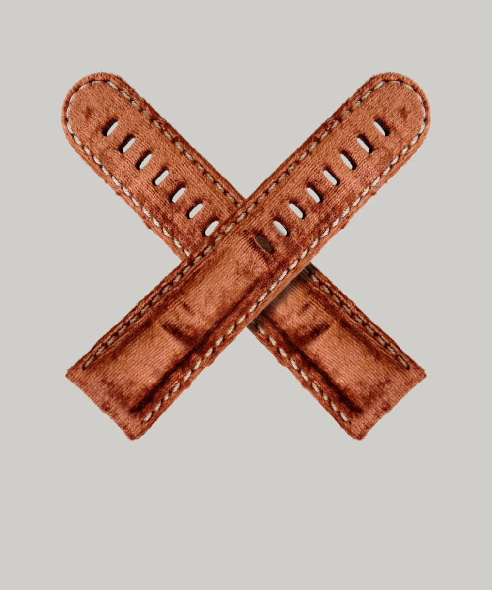 Schofield Brown Velvet watch strap with a pale stitching around the edge.
