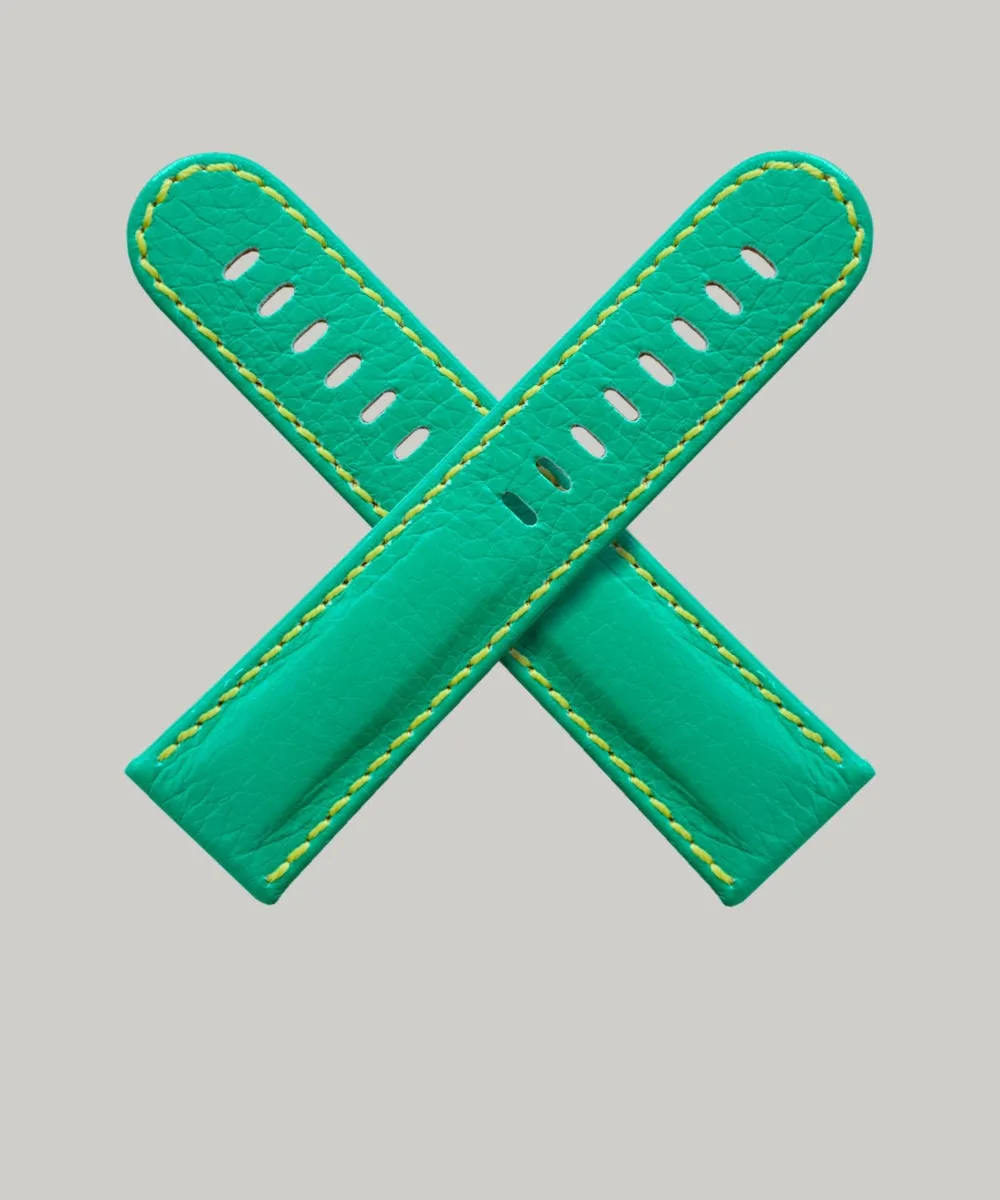 Neon Green watch band. Shown in an X these high end watch straps are very bright leather with yellow stitching.