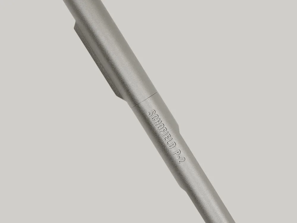 The Schofield P-2 pen in nickel plated aluminium, with a design based on the 2001 A Space Odyssey film.
