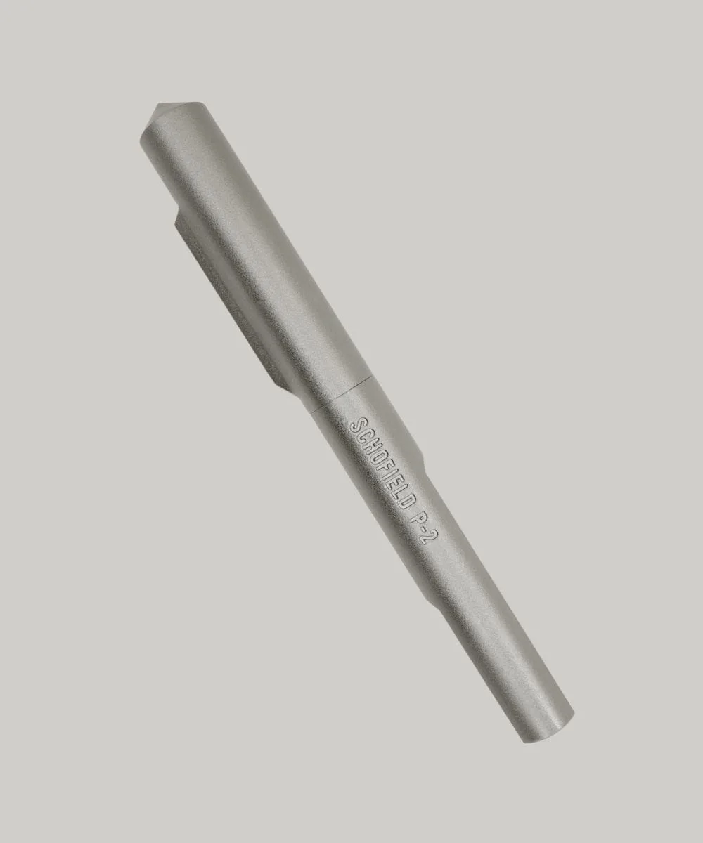 The Schofield P-2 pen in nickel plated aluminium, with a design based on the 2001 A Space Odyssey film.