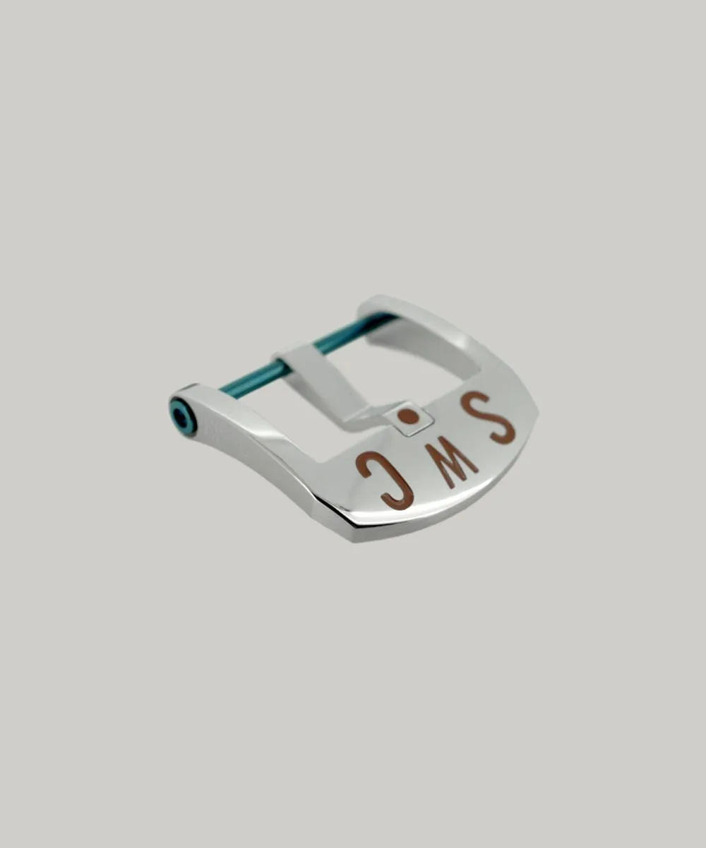 A Polished Steel BE Buckle with a blue PVD strap fitting screw. The thumbnail style buckle, called The Best Ever Buckle, features the engraved letters "SWC" in a red paint fill.
