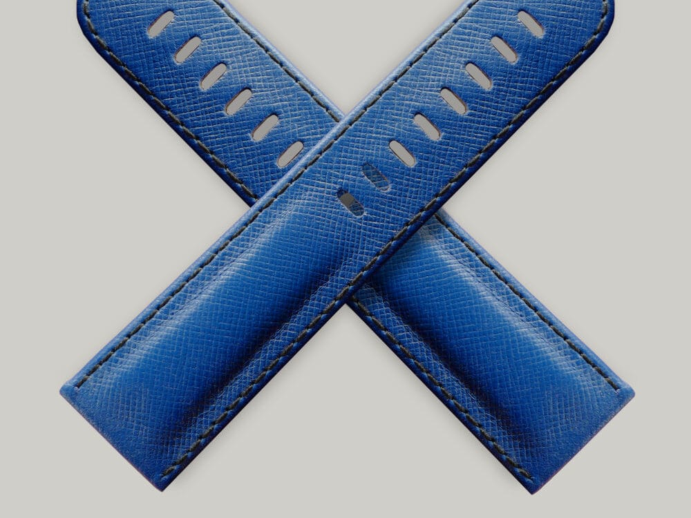 Fine blue Italian leather Saffiano watch strap in a cross shape, made by Schofield Watch Company
