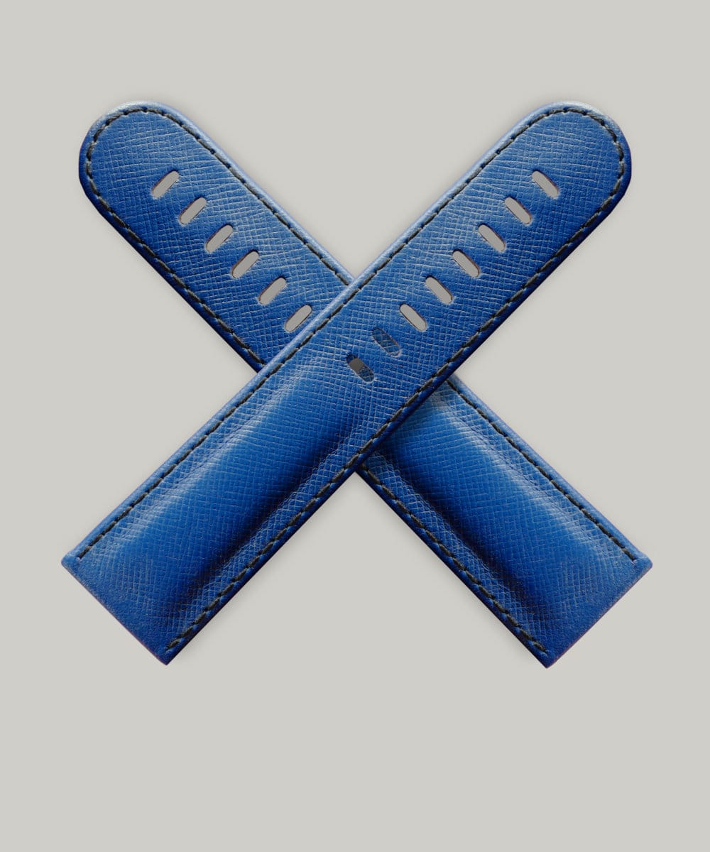 Fine blue Italian leather Saffiano watch strap in a cross shape, made by Schofield Watch Company