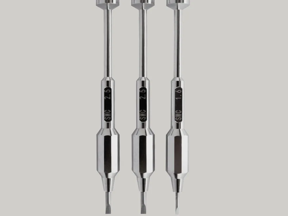 A trio of Drivers with varying tip sizes are vertically aligned on a light gray background, featuring precision stainless steel construction, shiny reflective finishes, and engraved handle measurements.
