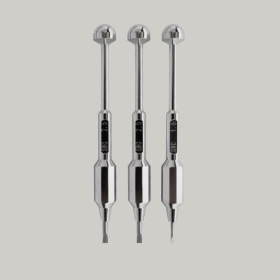 A trio of Drivers with varying tip sizes are vertically aligned on a light gray background, featuring precision stainless steel construction, shiny reflective finishes, and engraved handle measurements.