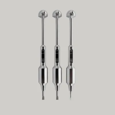 A trio of Drivers with varying tip sizes are vertically aligned on a light gray background, featuring precision stainless steel construction, shiny reflective finishes, and engraved handle measurements.