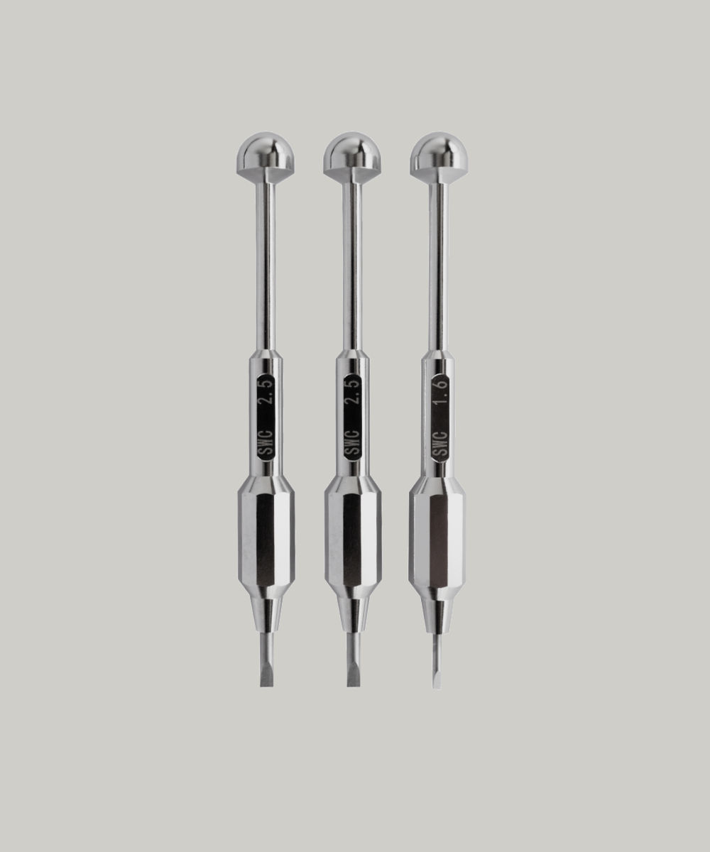 A trio of Drivers with varying tip sizes are vertically aligned on a light gray background, featuring precision stainless steel construction, shiny reflective finishes, and engraved handle measurements.