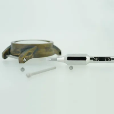 Next to a watch case with strap bars, a screwdriver labeled "SWC 2.5" lies on a white surface, alongside a separate metal screw.