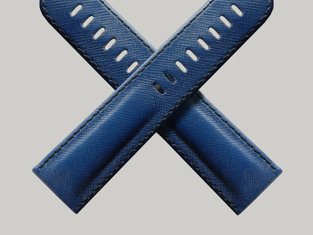 Luxury Blue Saffiano Watch strap Blue Saffiano, luxury Schofield watch strap in an cross shape showing the finest Italian Saffiano Leather.