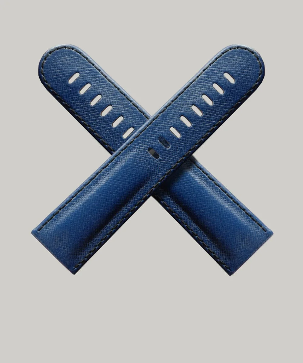 Blue Saffiano, luxury Schofield watch strap in an cross shape showing the finest Italian Saffiano Leather.