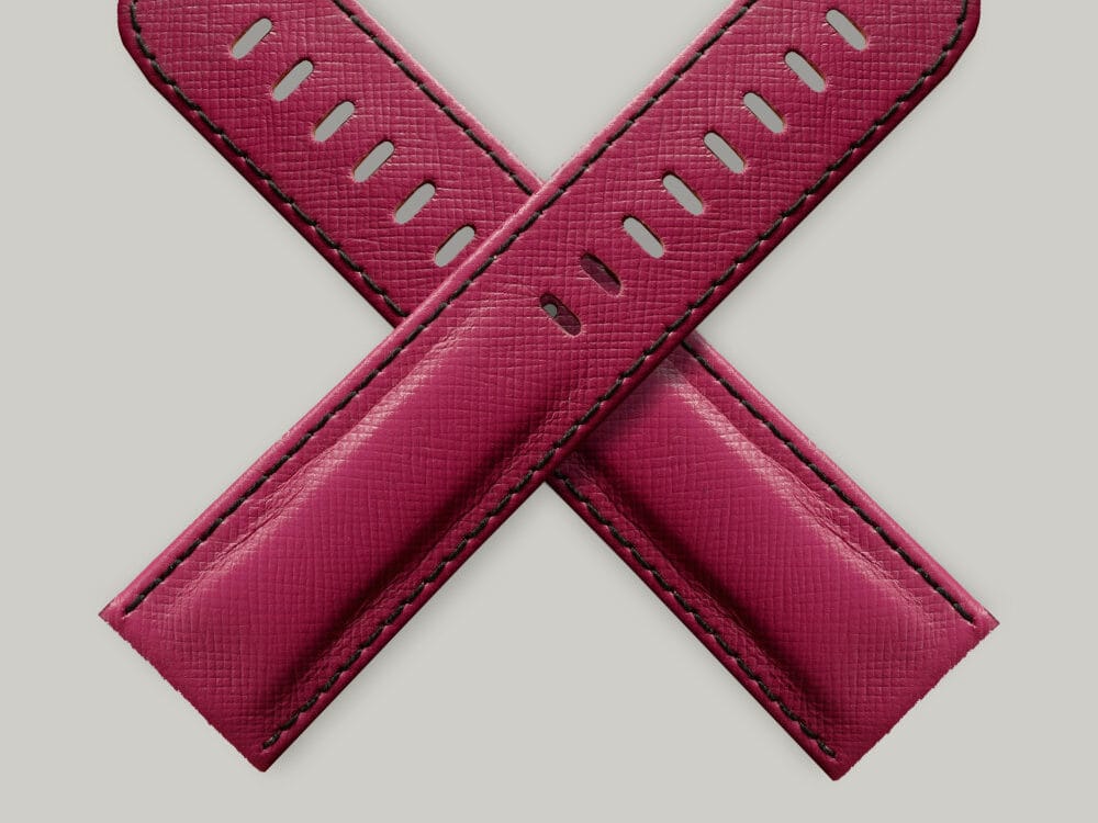 A cerise pink Saffiano Italian leather watch strap of the finest quality in the Schofield cross shape
