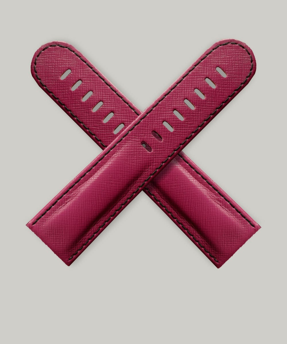 A cerise pink Saffiano Italian leather watch strap of the finest quality in the Schofield cross shape