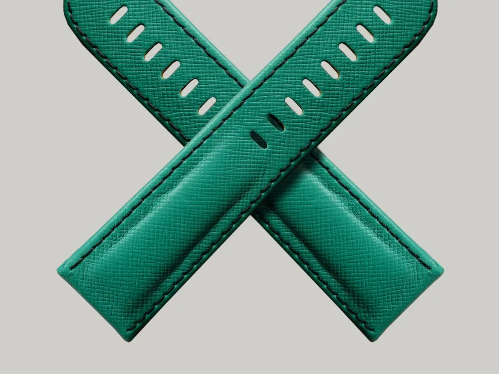 Green Saffiano luxury Schofield Watch Strap in an X shape showing the finest Italian Saffiano Leather.