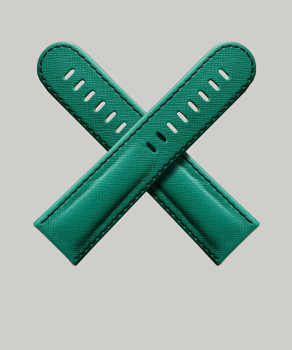 Green Saffiano luxury Schofield Watch Strap in an X shape showing the finest Italian Saffiano Leather.