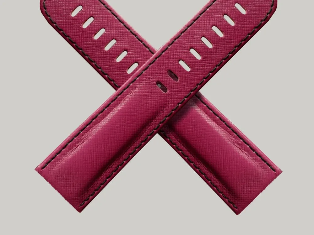 Pink Saffinao Leather Watch Strap Pink Saffiano, luxury Schofield watch strap in an cross shape showing the finest Italian Saffiano Leather.