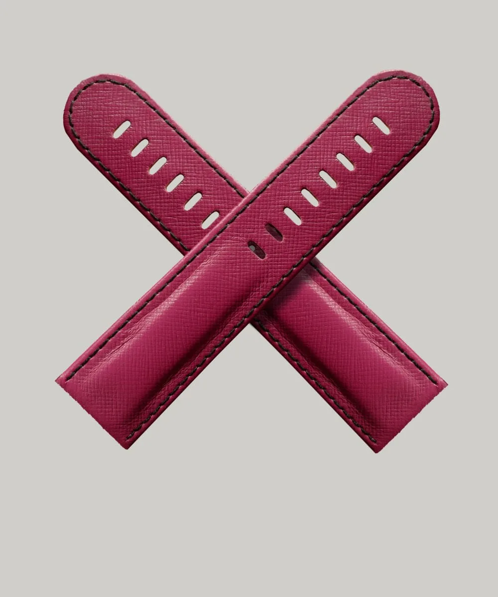 Pink Saffiano, luxury Schofield watch strap in an cross shape showing the finest Italian Saffiano Leather.
