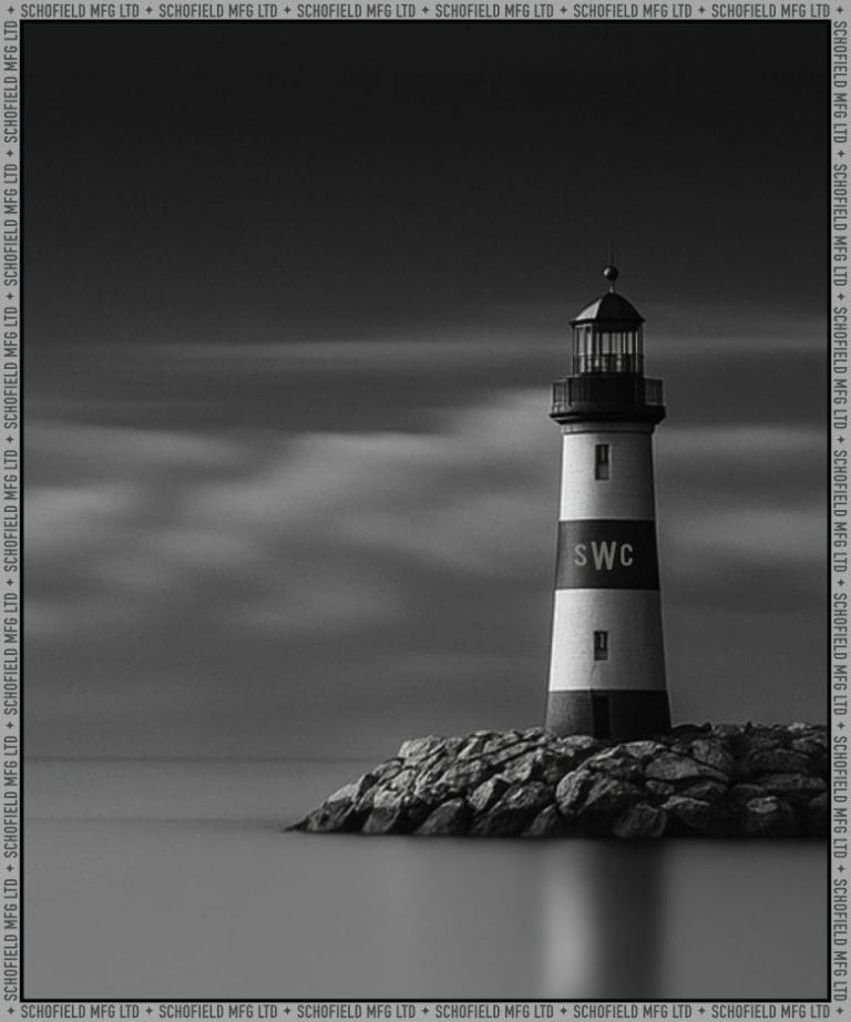 A fictional image of the SWC (Schofield Watch Company) Lighthouse on a clam sea