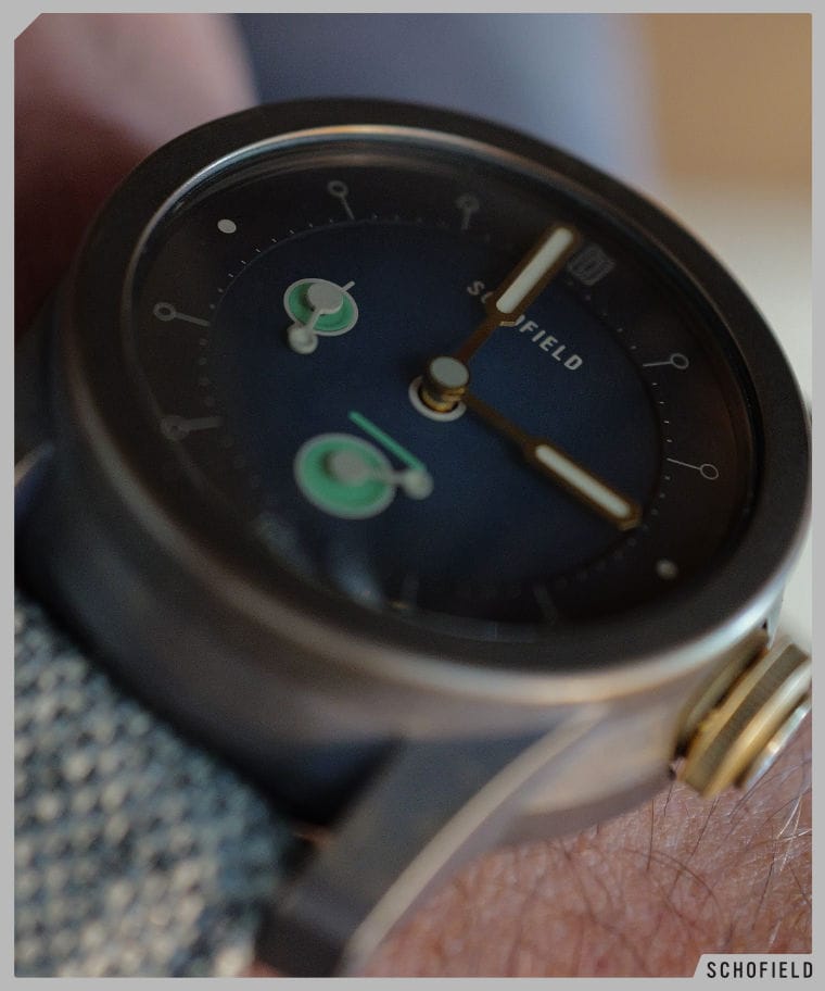 The Best Bronze watch - the Schofield B6 Guffee edition on a wrist. Used in Press release.