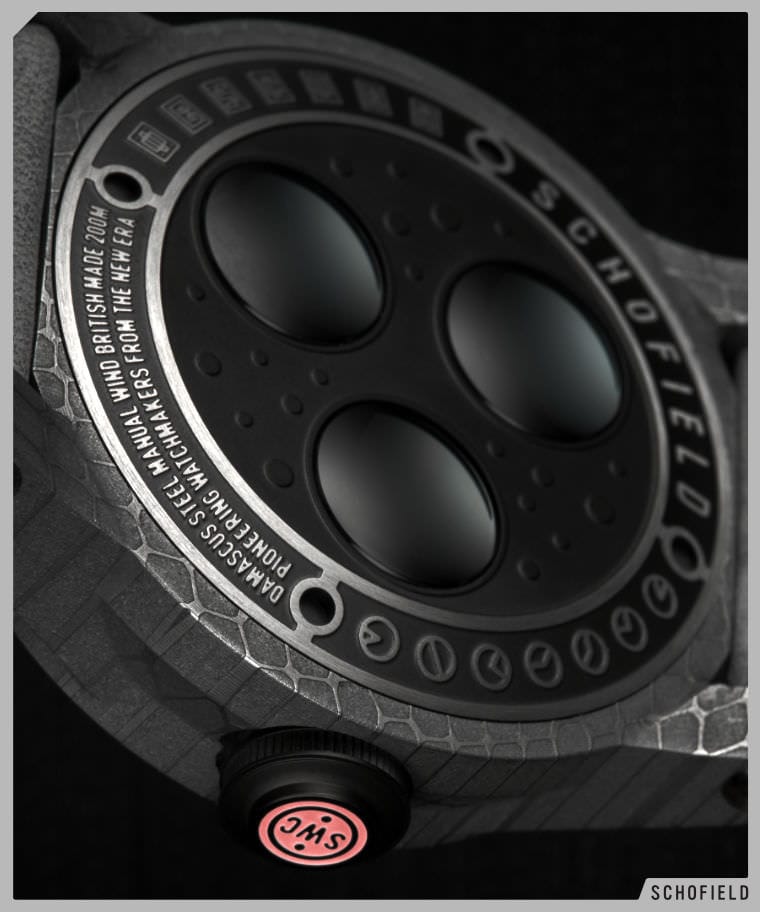 The Obscura watch by British watchmaker Schofield showing the three crystal case back design.