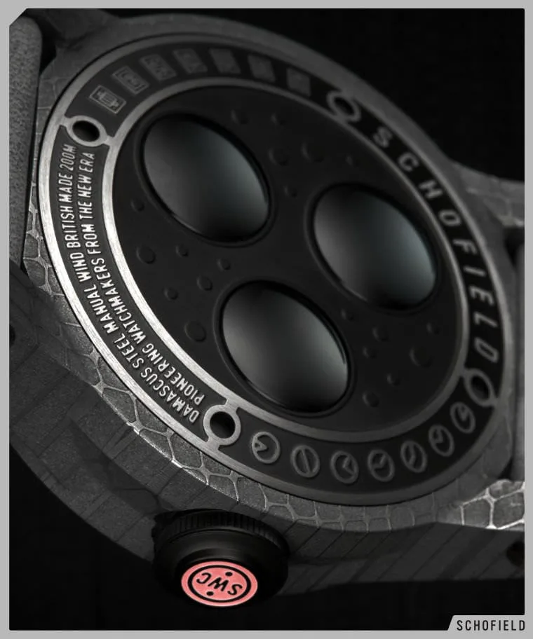 The Obscura watch by British watchmaker Schofield showing the three crystal case back design.