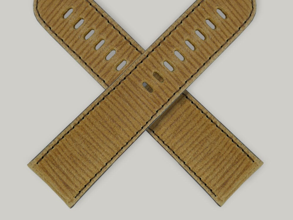 An unusually heavy textured Schofield watch strap in brown leather, tanned in the UK