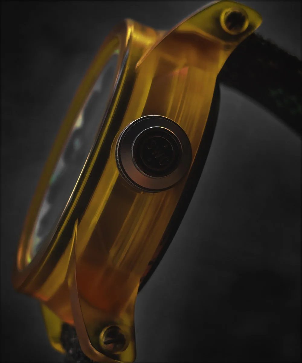Schofield Artefacts watch with Ultem case in dark light