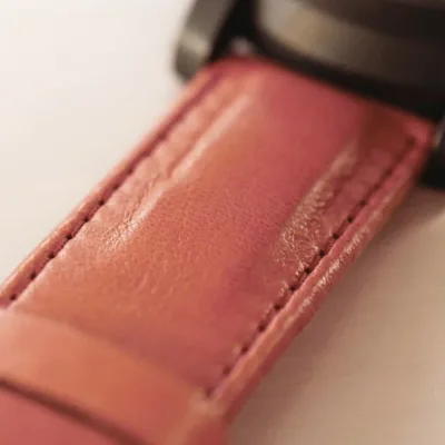 Orange watch strap on Damark Dark Bronze edition Schofield and Cudd tomato lambskin watch straps