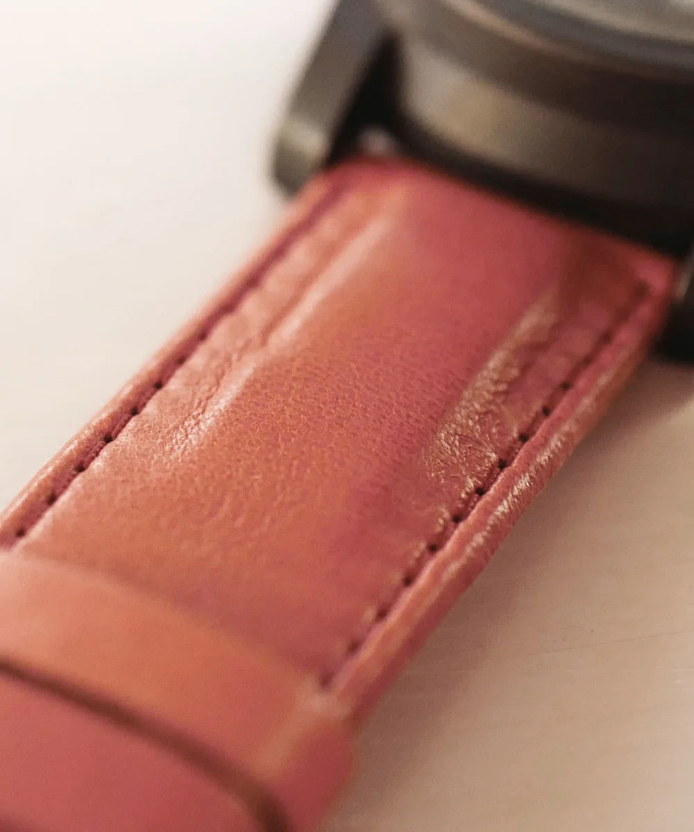 Orange watch strap on Damark Dark Bronze edition Schofield and Cudd tomato lambskin watch straps