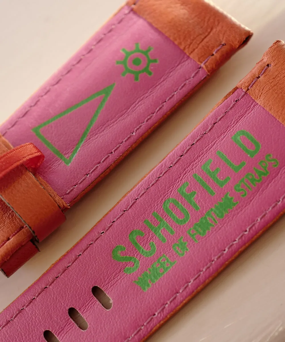 Reverser for Schofield Strap Reverse of the tomato lambskin strap with a vivid pink leather lining