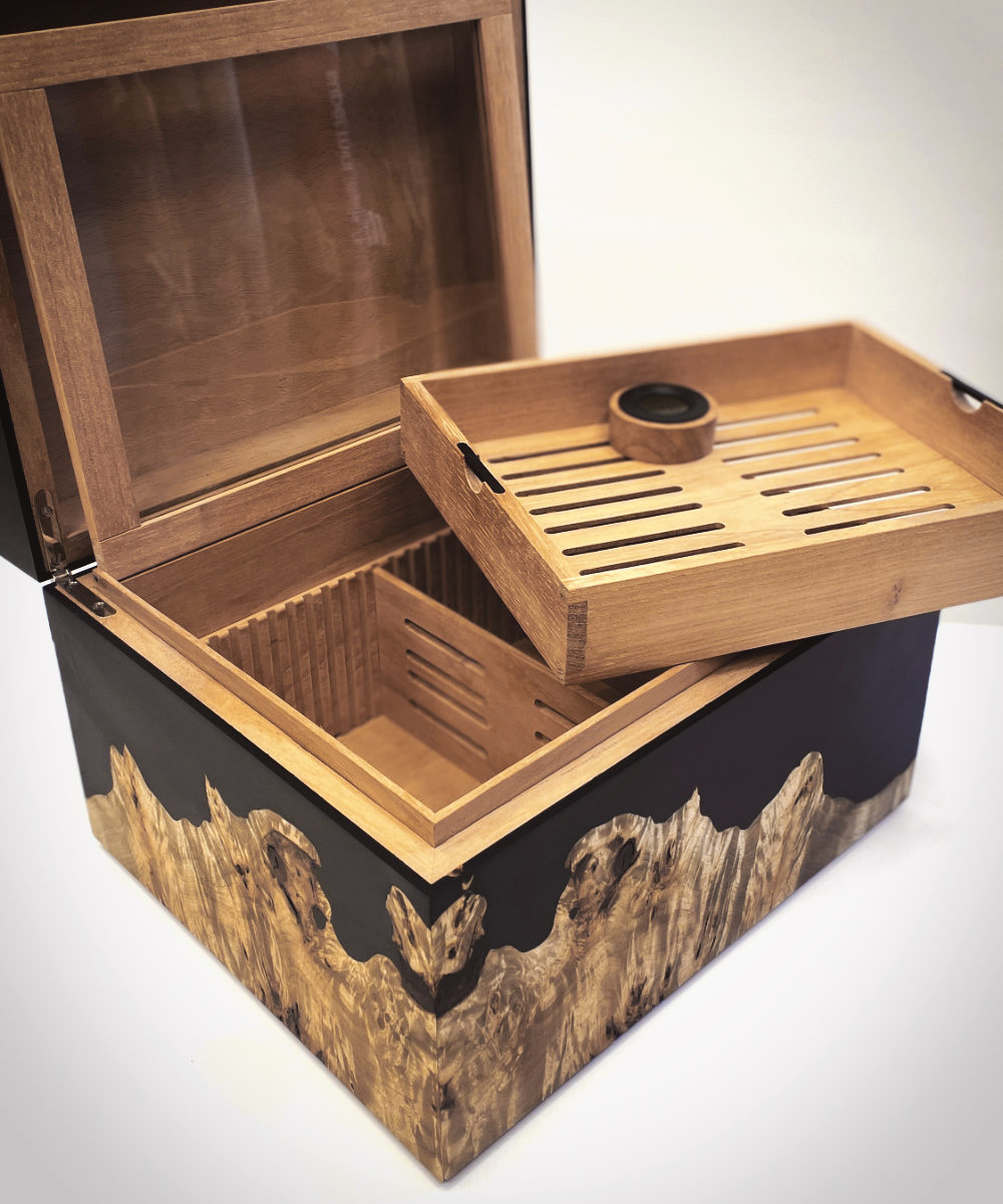 Inside the Schofield humidor with cedar tray