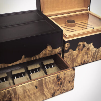 Strap box and Humidor open so you can see inside.