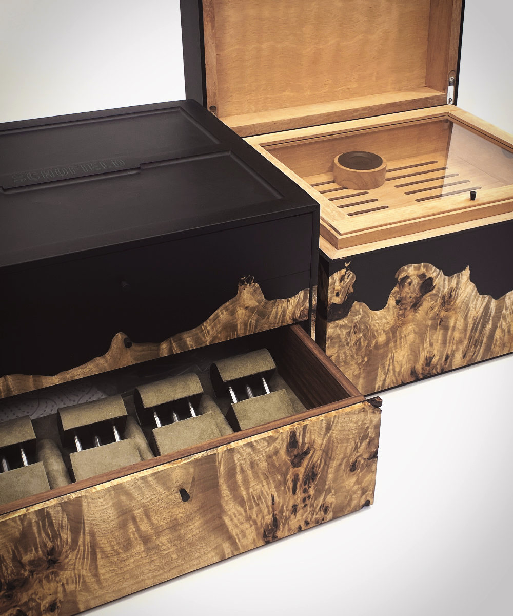 Strap box and Humidor open so you can see inside.